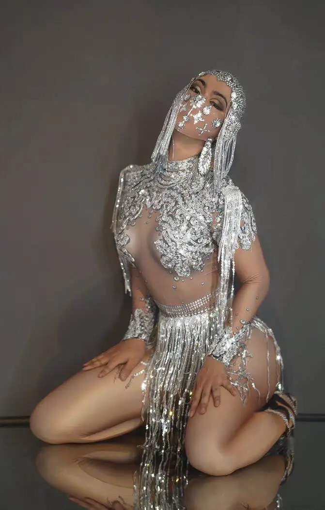 Fashion Sparkly Rhinestones Chains Fringes Outfit Shining Big Crystals Mesh Sexy Bodysuit Nightclub Party Wear Dancer Costumes
