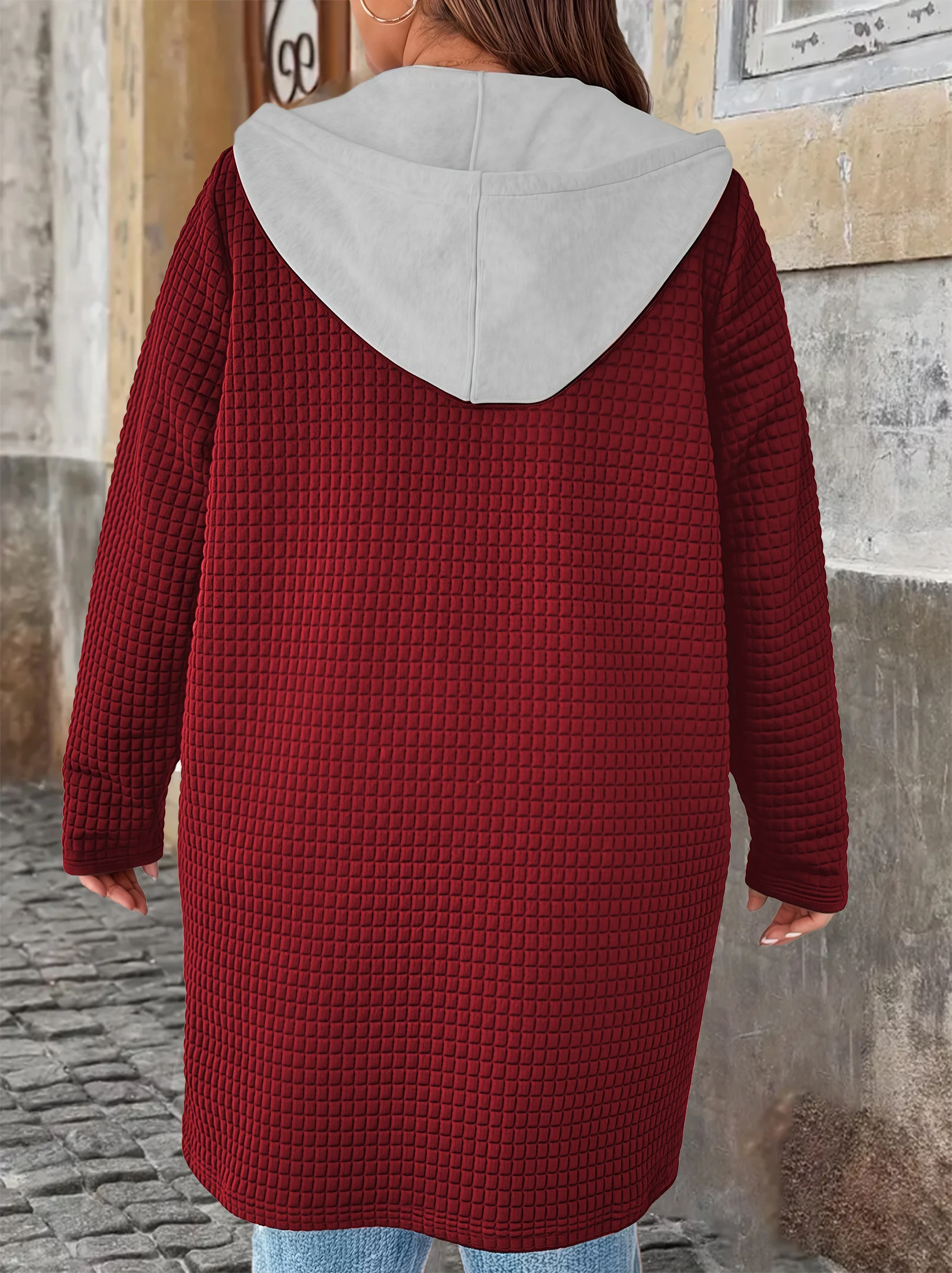 Plus Size Fake Two-Piece Hooded Cardigan with Pockets & Drawstring, Long Chic Fall/Winter Women's Coat 4