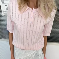 Femmes Vintage tricoté culture hauts bureau dame à manches courtes col rabattu pulls tricots décontracté couleur unie découpe T-shirt 2