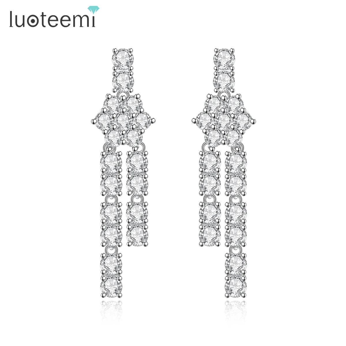 

Женские асимметричные серьги-подвески LUOTEEMI, с длинными кисточками, из прозрачного кубического циркония, аксессуары для свадьбы, ювелирные изделия