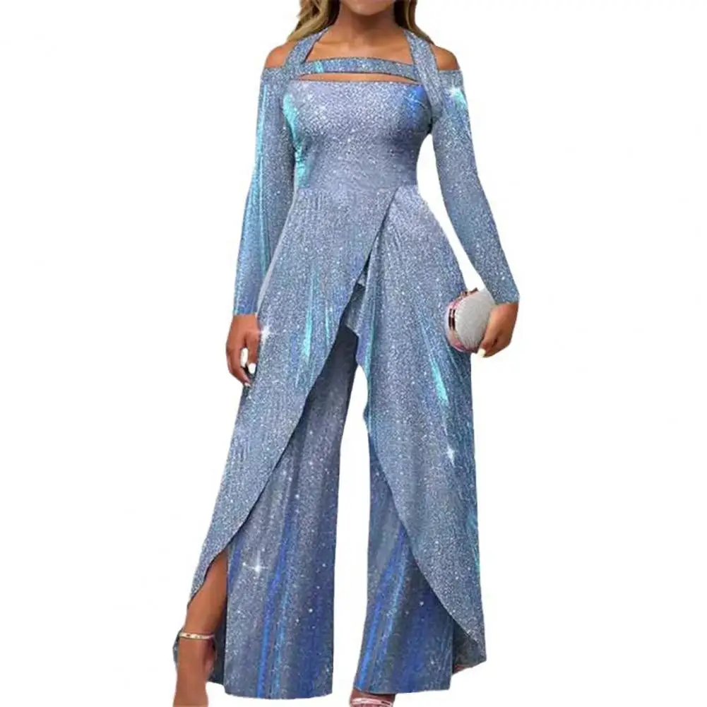 Women's Jumpsuit Hollow Shiny Sequin Tight Halter Neck Wide Leg Long Sleeves Irregular Slit Women's Party Dance Jumpsuit spring autumn women sequin sheer mesh jumpsuit 2023 femme long sleeve v neck straight leg onesie lady party clothing traf