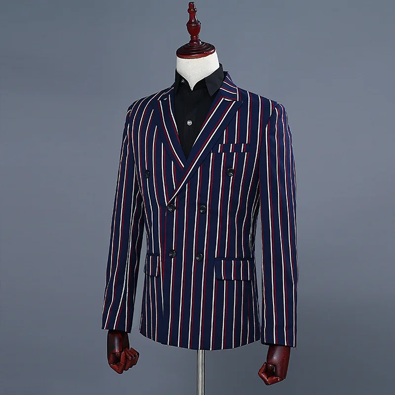 White red Double Striped Navy blue Suit Tuxedo Men's Wedding Party Dress Jacket and Pants Fashion Slim Men Blazer Coat Trousers