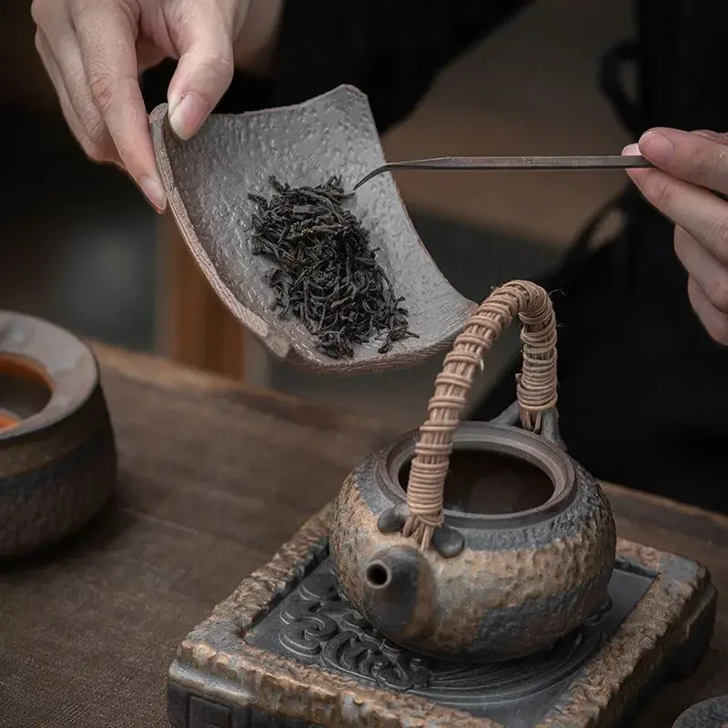 Vintage Tea Roasting Stove Set with Gilded Iron Glaze Heating Base Warm Tea Roasting Stove Tea Ceremony Accessories