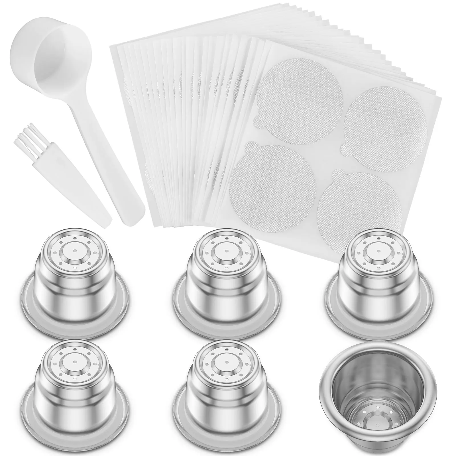 

New 6Pcs Reusable Espresso Capsules 304 Stainless Steel Refillable Coffee Pods with 200 Aluminum Foils Seals Reusable Coffee