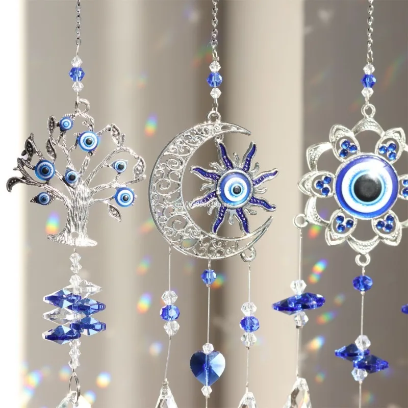 Crystal Door Window Decoration Handmade Crystal Prism Suncatcher Craft Turkish Blue Evil Eye Amulet Rear View Mirror Accessories Crystal hanging decoration,crystal light catcher,window hanging suncatcher