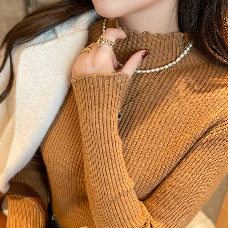 Fungus Edge Semi-turtleneck Women's Long-sleeved Sweater New Fashion Autumn and Winter Solid Color Thin Bottoming Shirt