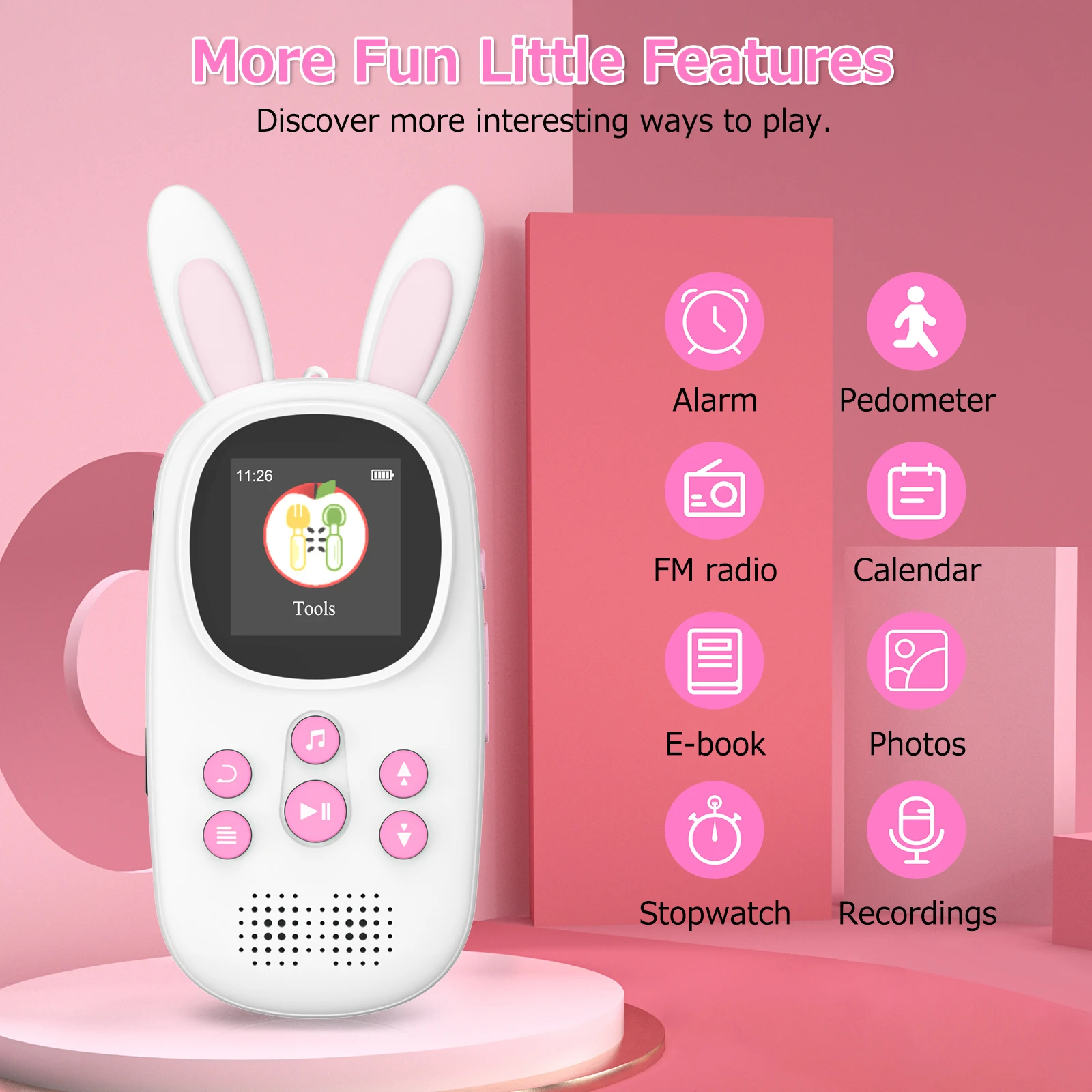 Lettore Mp3 Per Bambini Bluetooth Simpatico Coniglietto Da 16Gb Con Cuffie E Altoparlanti Con Radio Fm, Registrazione, Sveglia, Cronometro