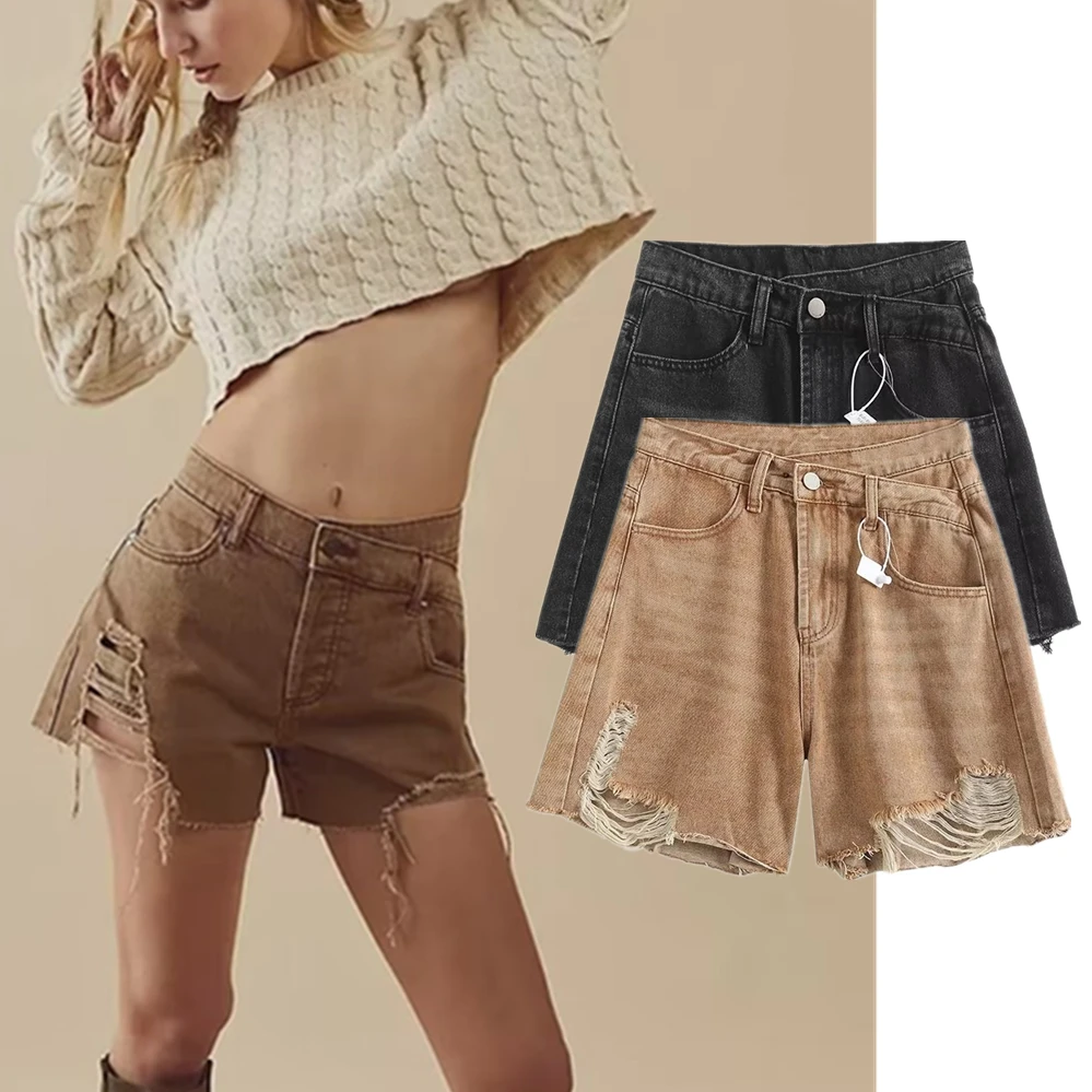 high waist hole tassels slim cyclist denim bermuda shorts jeans summer straight casual fashion women denim shorts zipper Jenny&Dave Fashion Summer Bermuda Ladies Ins Blogger Retro High Waist Ripped Denim Mom Shorts Women