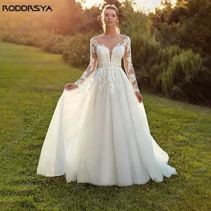 

O-Neck Appliques Wedding Dresses Elegant Tulle A-line Bridal Gown Illusion Backless Buttons Vestidos De Noiva Mariage