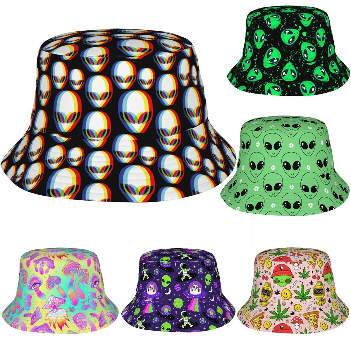 Boky chmel psychedelické 3d cizinec móda kbelík čepice muži ženy rybaření klobouky trippy vetřelci merch vocation getaway headwear estetická