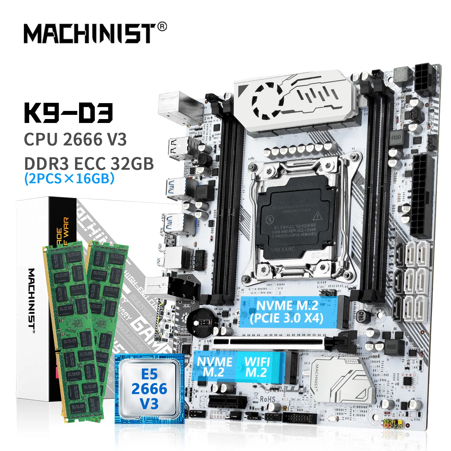 

MACHINIST K9 D3 X99 комплект материнской платы Xeon E5 2666 V3 ЦП LGA 2011-3 процессор 2x16 ГБ = 32 Гб DDR3 ECC ОЗУ память NVME M.2 WIFI