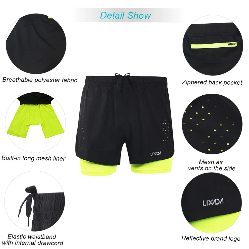 Lixada Men 2-in-1 Running Shorts Quick Drying Breathable Training Exercise Cycling Shorts with Longer Liner Running Short