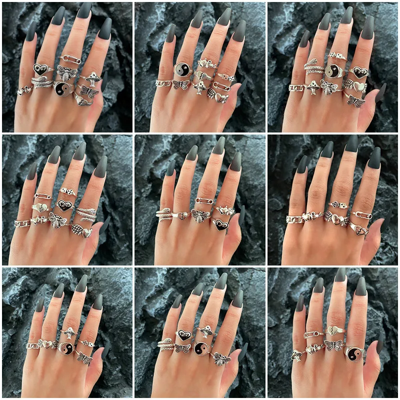 Vintage Gothic Skull Flower Rings Set for Women Hip Hop Silver Color Butterfly Animal Heart Finger Ring Fashion Jewelry