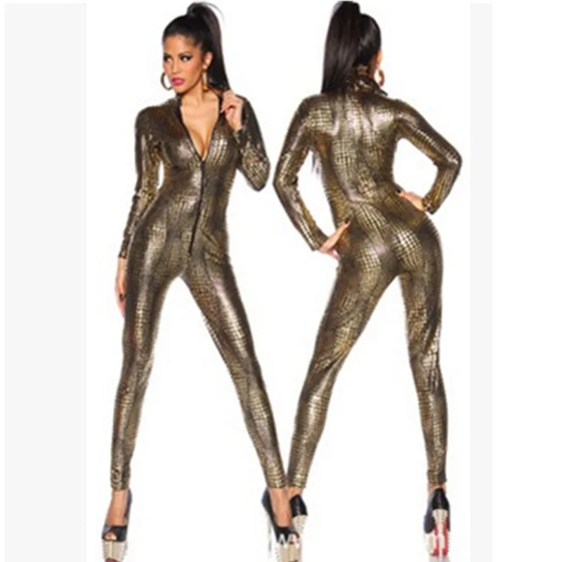 

Sexy Metallic Snake Skin Bodycon Jumpsuit Women Long Sleeve Front Zip Golden Black Bodysuit Lady Faux Leather Catsuit Playsuits