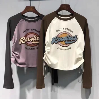 Girls Spring And Autumn Printing Long Sleeved T-shirt Slim Fit Drawstring Middle Size Children's Bottom T-shirt Round Neck Top