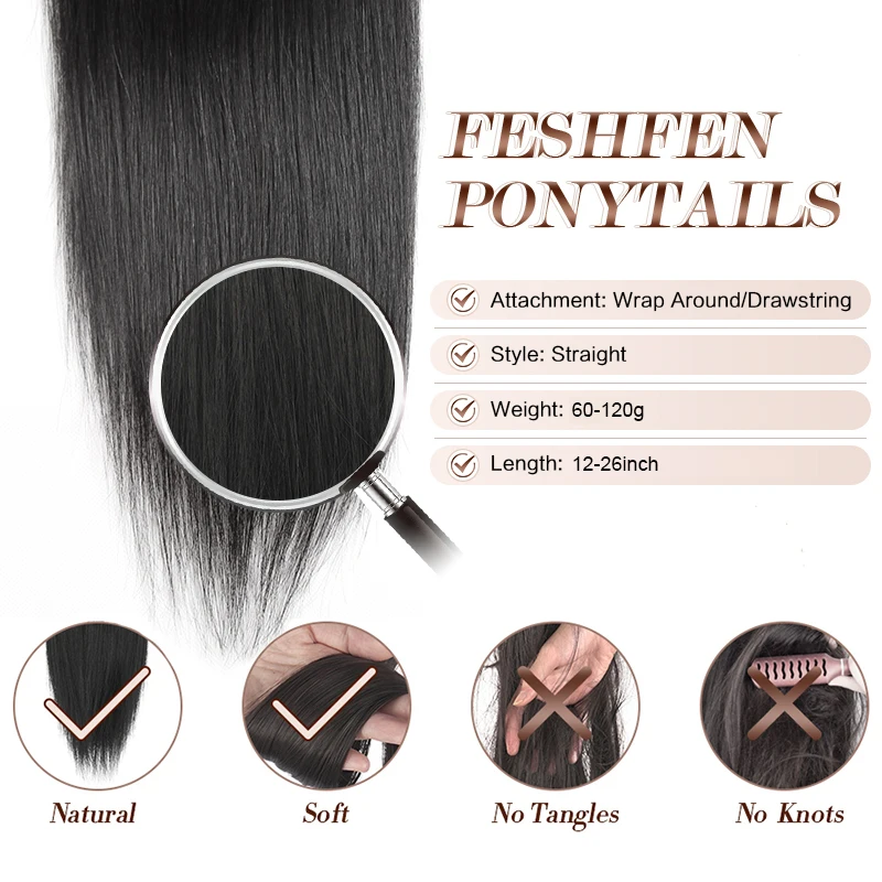 QHP Ponytail Human Hair Straight Brazilian Remy Ponytail Hairstyles 100% Natural Hair Clip in Extensions  Wrap Around Horsetail