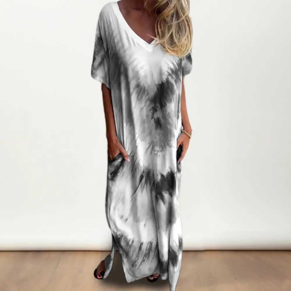 

Women Printed Dress Daily Maxi Dress Stylish Women's Tie-dye Maxi Dress with V Neck Gradient Colorblock Design for Casual Daily