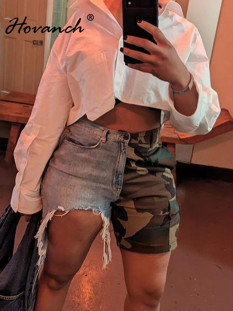 

Hovanch Camouflage Splicing Denim Tassel Fashion High Waist Straight Leg Hot Shorts Women Fall 2023 Vintage Street Short Pants