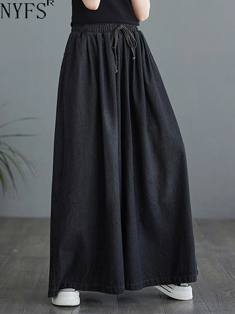 NYFS 2026 New Summer Vintage Woman Jeans Loose Plus size Trousers Elastic Waist Belt Denim Wide Leg Pants