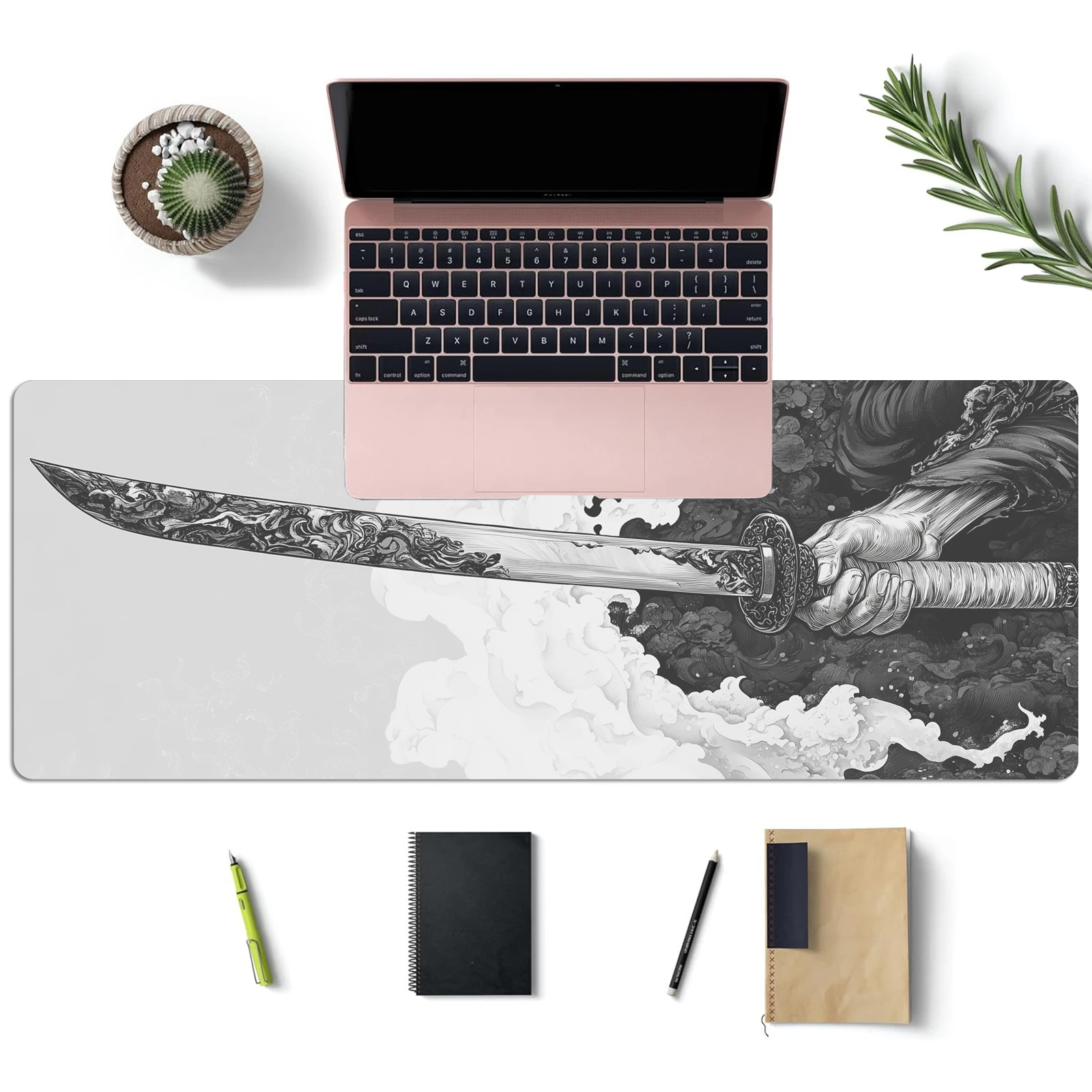 Black And White Comic Wind Sword Model Keyboard Mouse Pad Desk Mat, 3D Gaming Mouse Pad with Non-Slip Rubber Base Stitched Edges 4