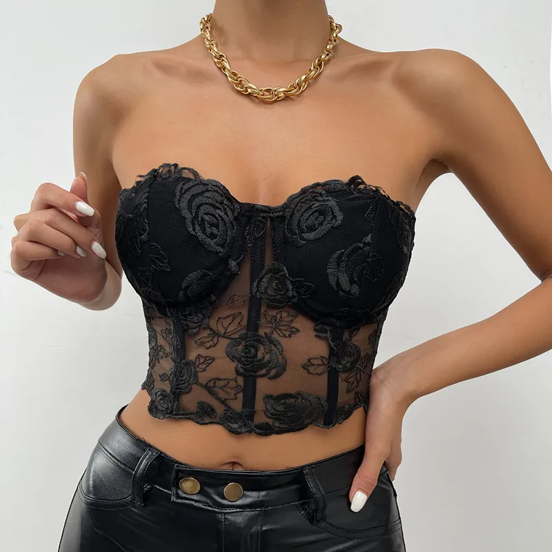 Womens Bustier Crop Tops Embroidery Flower See Through Off Shoulder Tank Vintage Harajuku Fairy Grunge Emo Alt Corset Top |