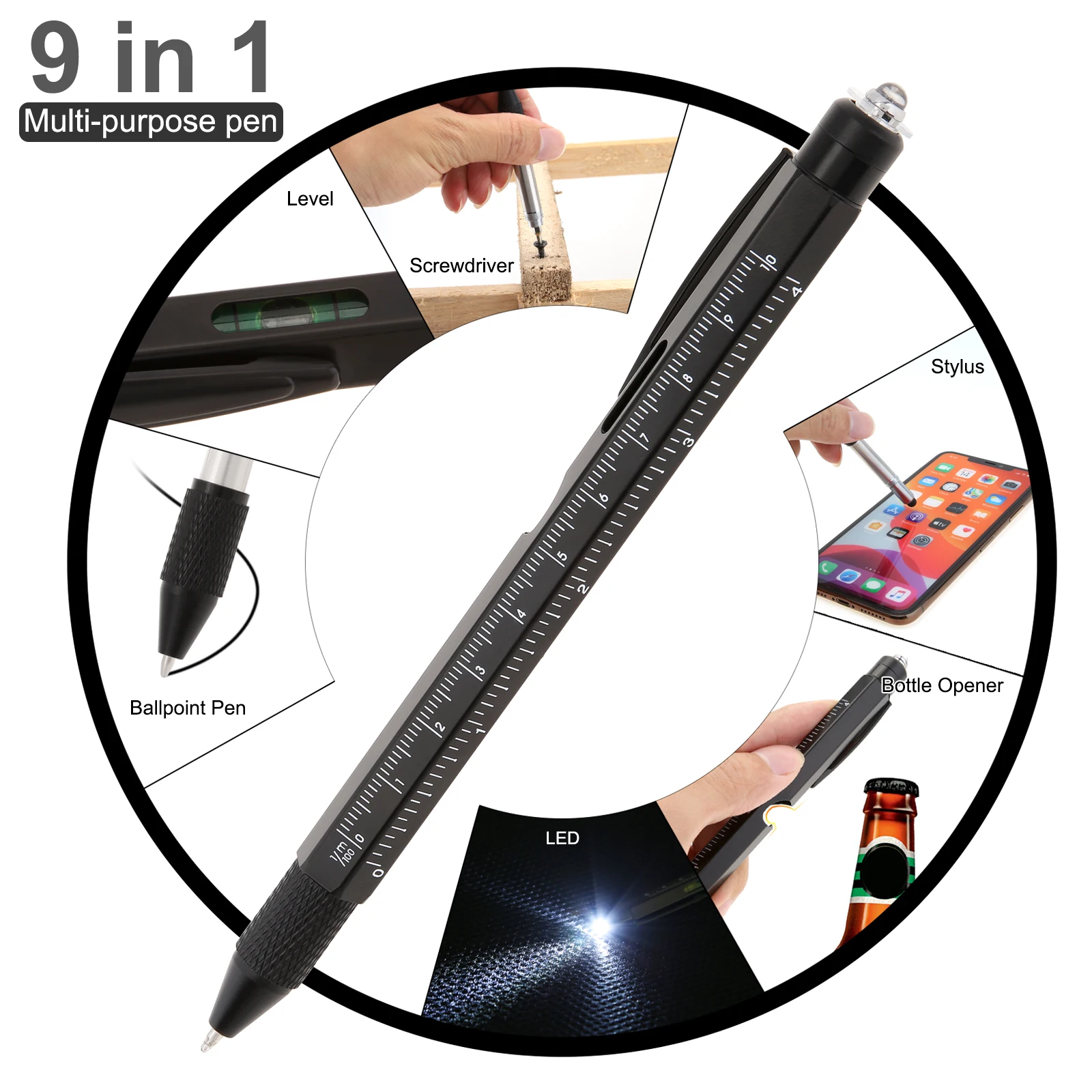 9-in-1 Multitool Stift Aus Edelstahl – Mit LED-Taschenlampe, Schraubendreher, Flaschenöffner & Mehr