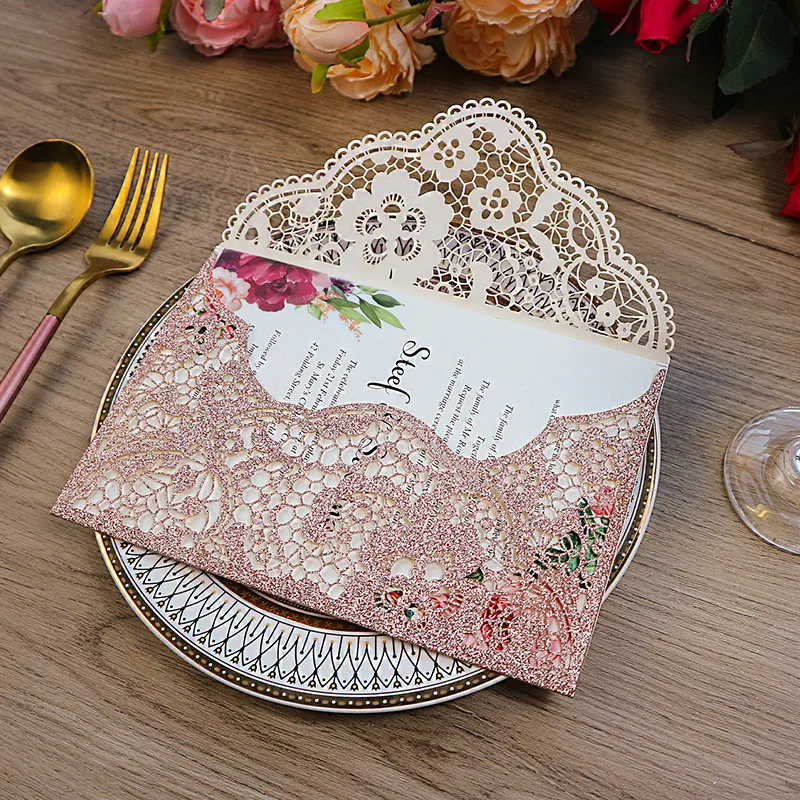 

30 Pieces Rose Gold Glitter Pocket Wedding Invitation Card Customized Print XV Birthday Engagement Invite Greeting Cards IC149
