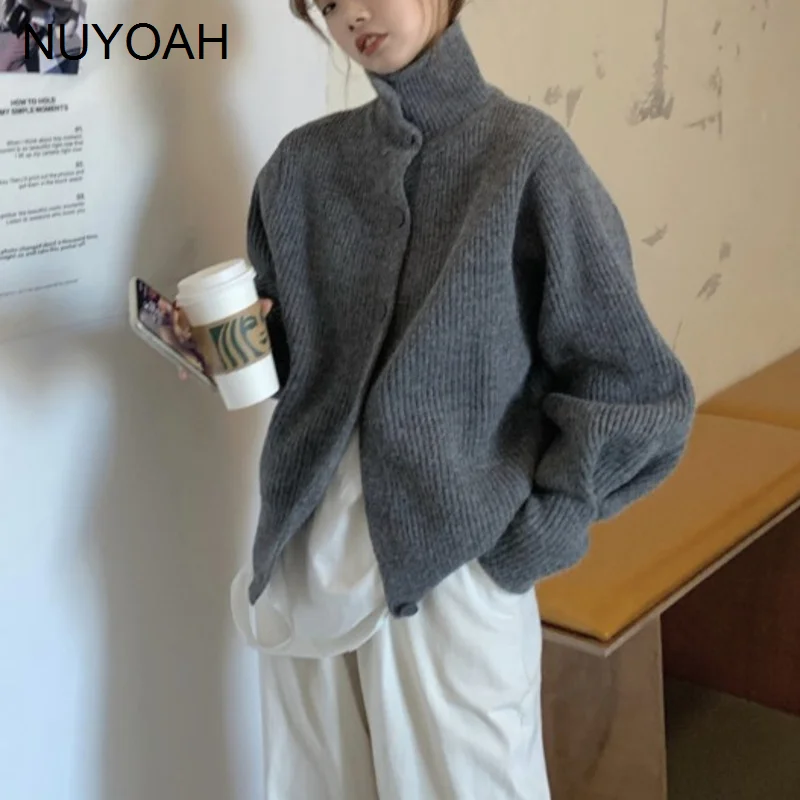 Loose High Neck Thickened Warm Sweater Cardigan Coat Autumn and Winter Lazy Leisure Long Sleeve Women | Женская одежда
