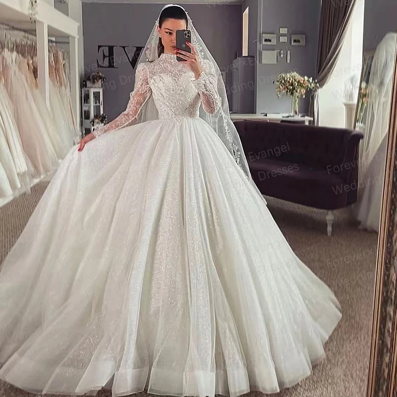 Glitter Wedding Dresses A Line Woman's Sexy High Neck Long Sleeve Bride Gowns Appliques Princess Customized Vestidos De Novia 3