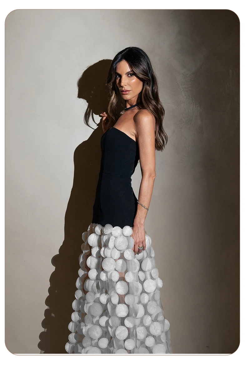 PB Damen Schulterfreies Spitzen-Verband-langes Ballkleid mit 3D-Kreisverzierungen, Netz-Patchwork, rückenfrei, Party-Abendkleid – Detail 15