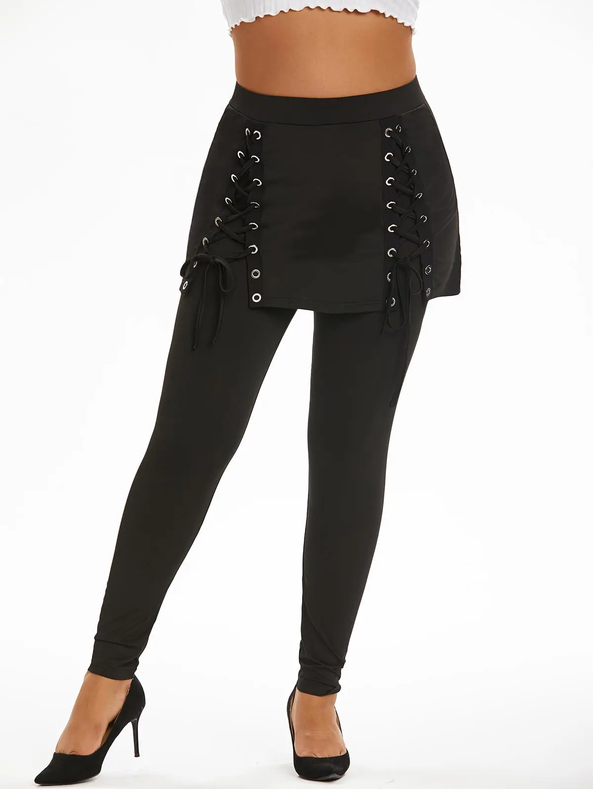 ROSEGAL Plus Size Women Fall Winter Skinny Pants Black Trouser Mujer High Waist Lace Up 2 In 1 Skirted Leggings Fake Two-Pieces