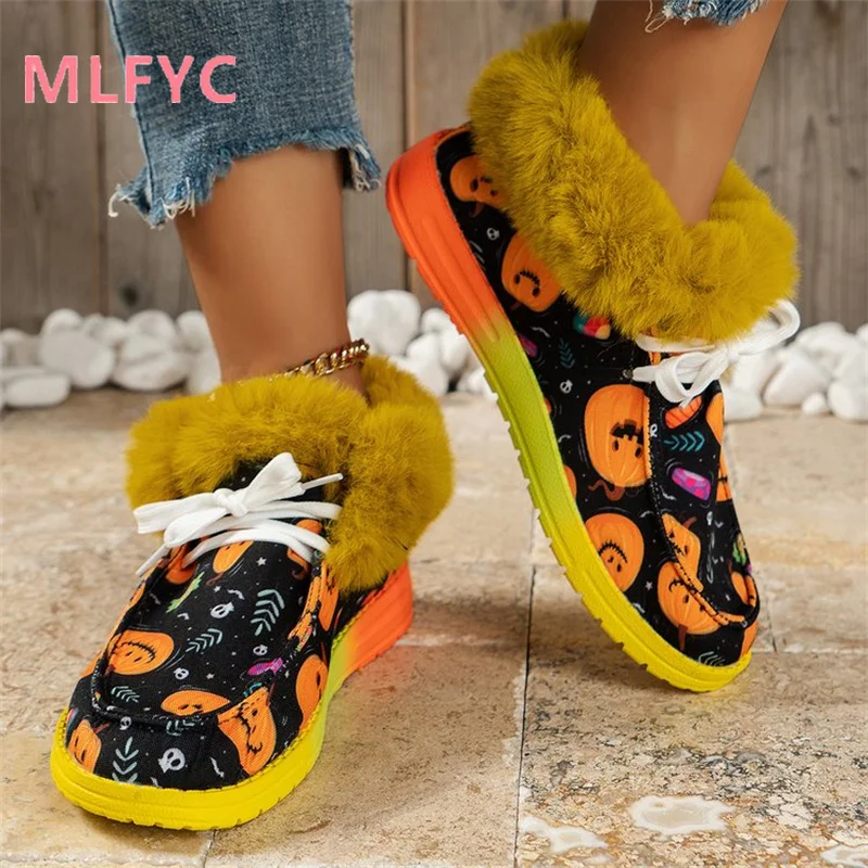 New Thick Sole Printed Low Top Snow Boots for Women Round Head Warm Cotton Boots, Bean Shoes for ladies Plus Cotton Short Boots