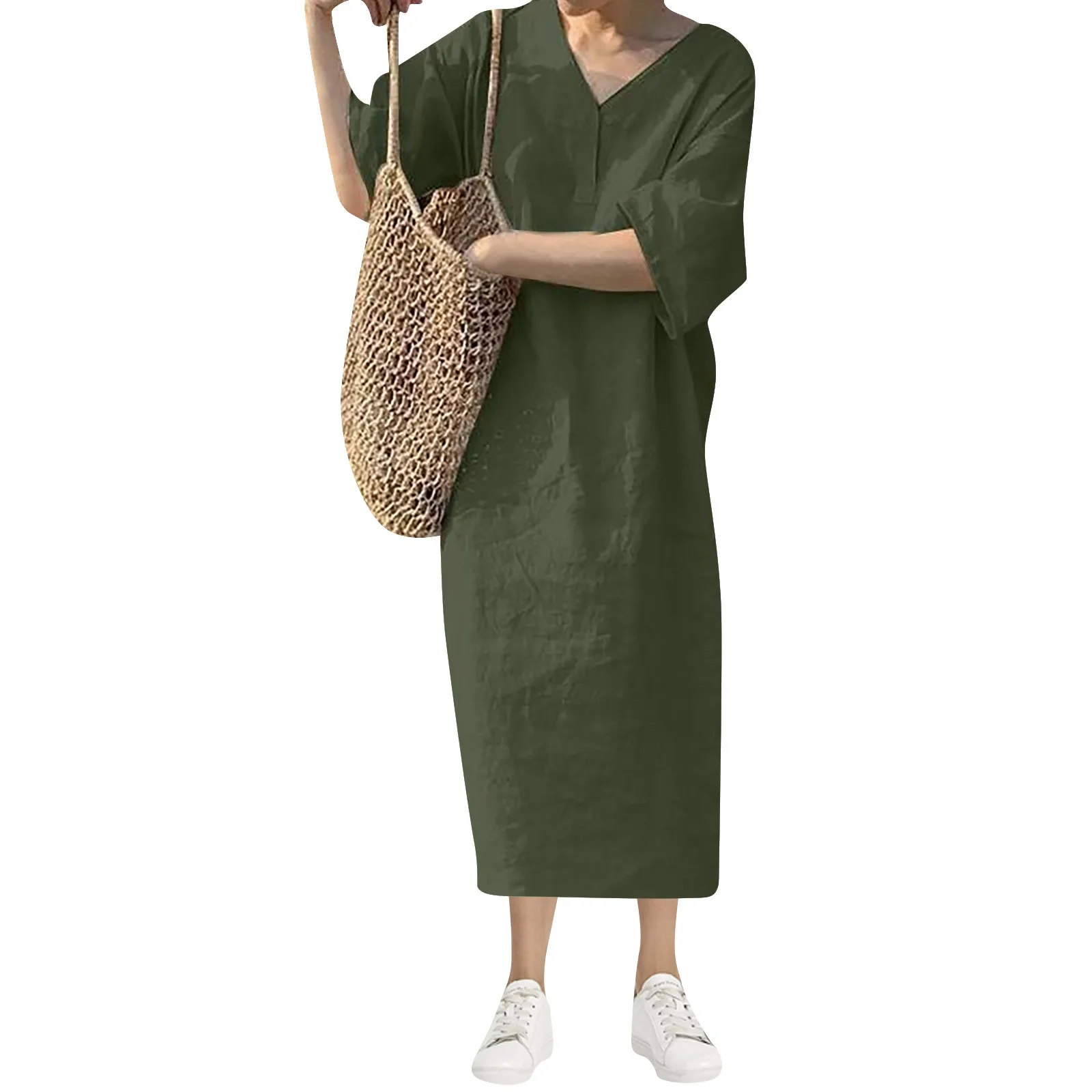 

Женское винтажное платье-миди из хлопка и льна, с V-образным вырезом и коротким рукавом