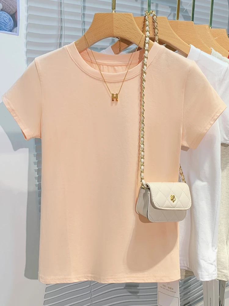 AOSSVIAO 2025 تي شيرت نسائي صيفي 100% قطن قاع أساسي عصري سادة سيدة قصيرة الأكمام بلايز قمصان 3