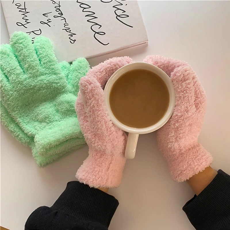 Solid Color Coral Velvet Gloves Student Elastic Soft Fleece Fingerless Mittens Outdoor Cycling Ski Glove Winter Warm Accessories