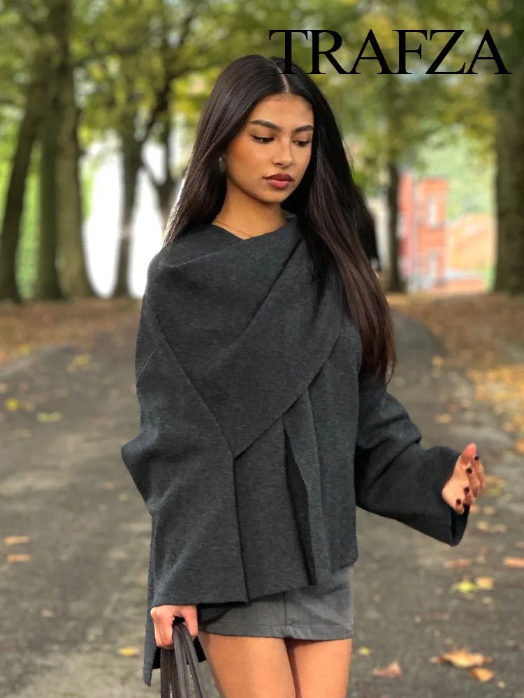 TRAFZA Winter Fashion Asymmetric Scarf Women's Short Knitted Coat Long Sleeve Single Button Loose Women's Elegant Cardigans 4