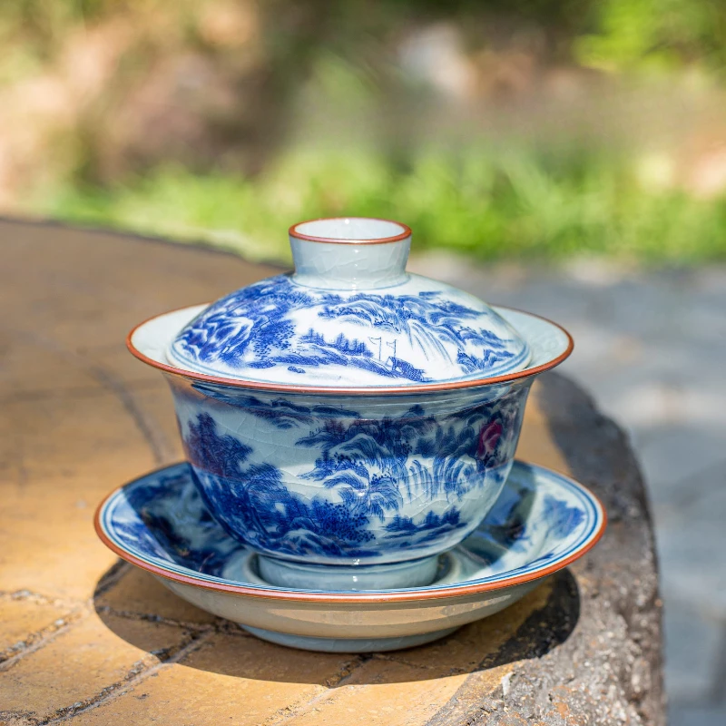 Ceramic Covered Bowl Chinese Style Tea Bowl Ice Cracked Glaze Pattern Tea Set Accessories Kitchen Bar Supplies Household Set