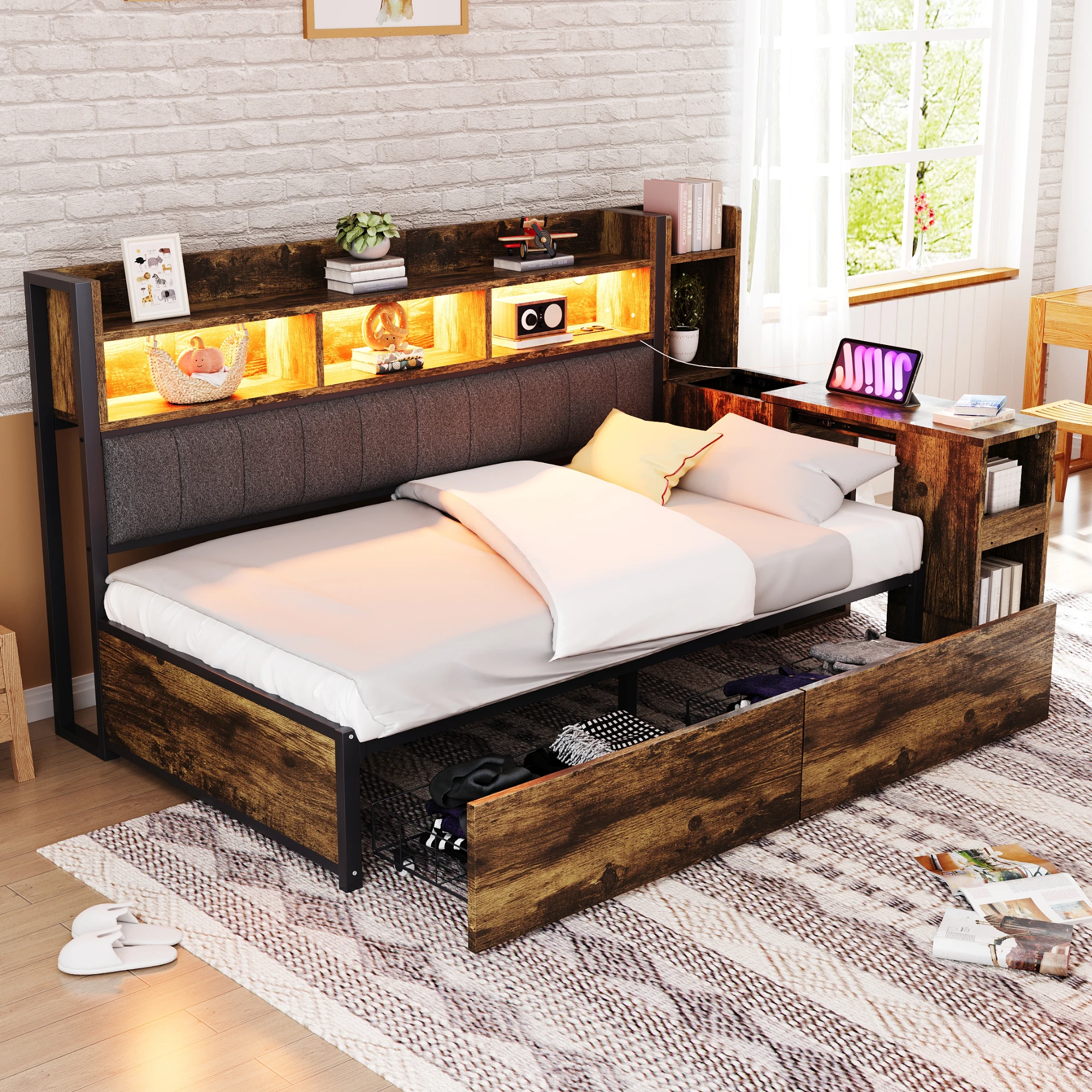 KOMHTOM Sofabett Schließfächern großen Schubladen ausziehbarem Schreibtisch multifunktionalen Steckdosen und LED Beleuchtung – Detail 2