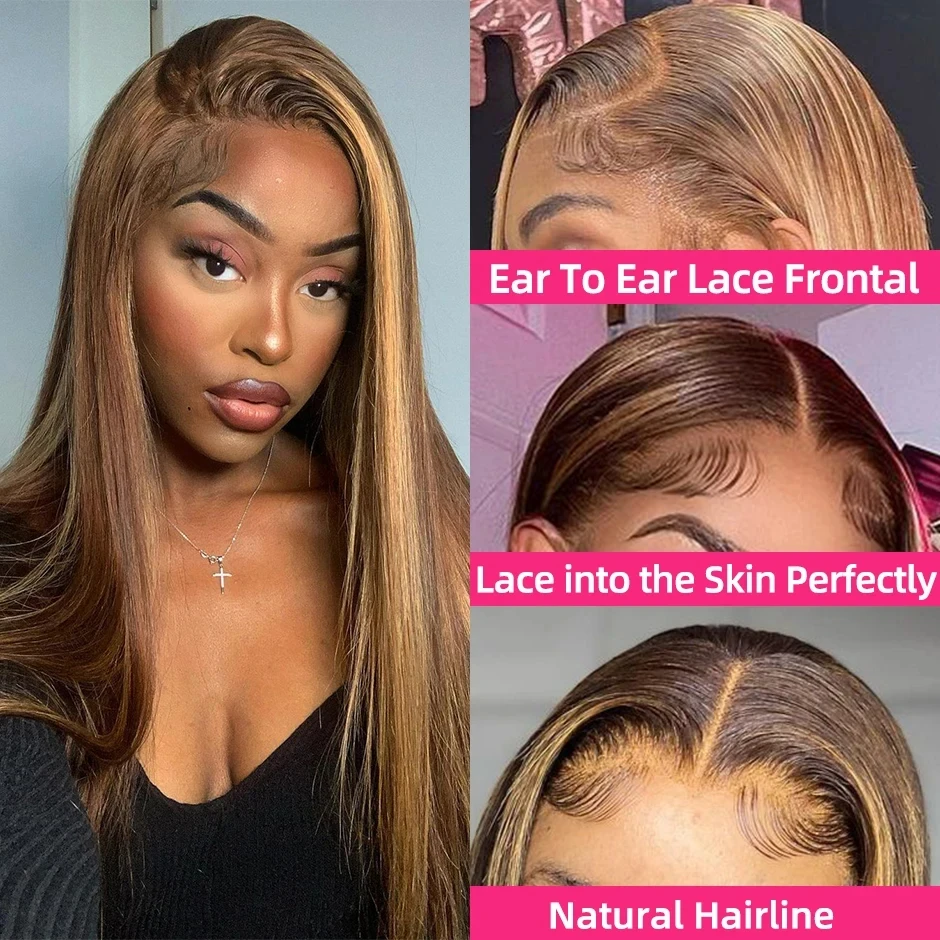 360 Full Lace Wig 250 Density Highlight Human Hair Bone Straight HD Preplucked