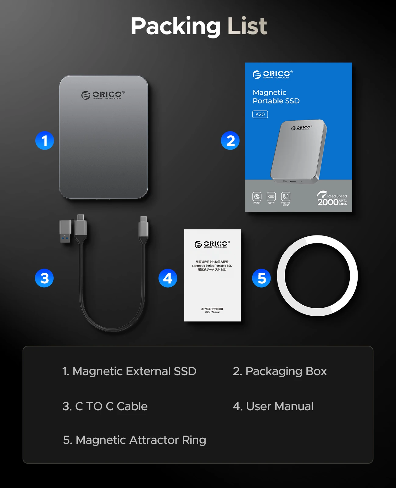 ORICO 마그네틱 휴대용 SSD 4K 120fps ProRes HDR 녹화 및 저장 장치 (아이폰 17, 15 Pro Max 호환) 최대 460MB/s 휴대용 솔리드 스테이트 드라이브