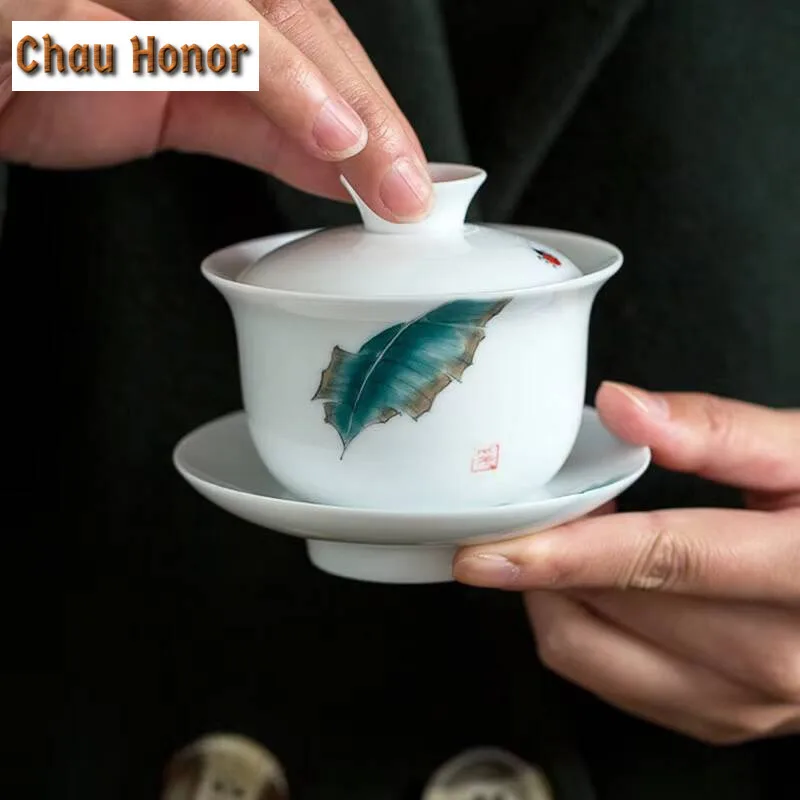 140ml Hand-painted Sancai Covered Bowl Tea Cup Ceramic  Kung Fu Tea Set Household Tea Making Bowl Tea Ceremony Customized Gift