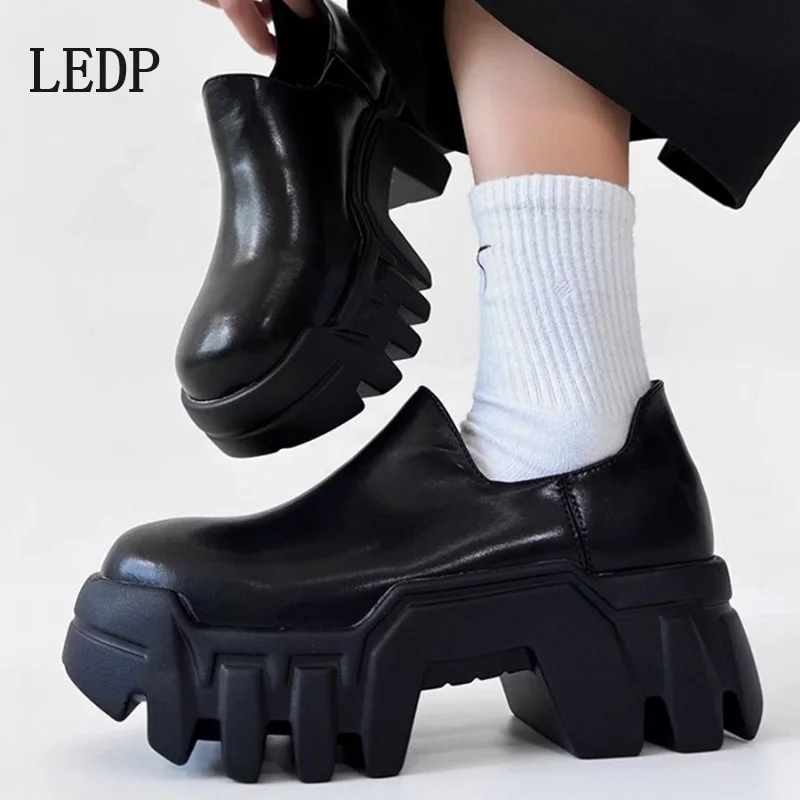 LEDP Brand Platform Platform Loafer Shoes Autumn Big Head Personality Derby Shoes Male Model Small Slip-off Runway Model
