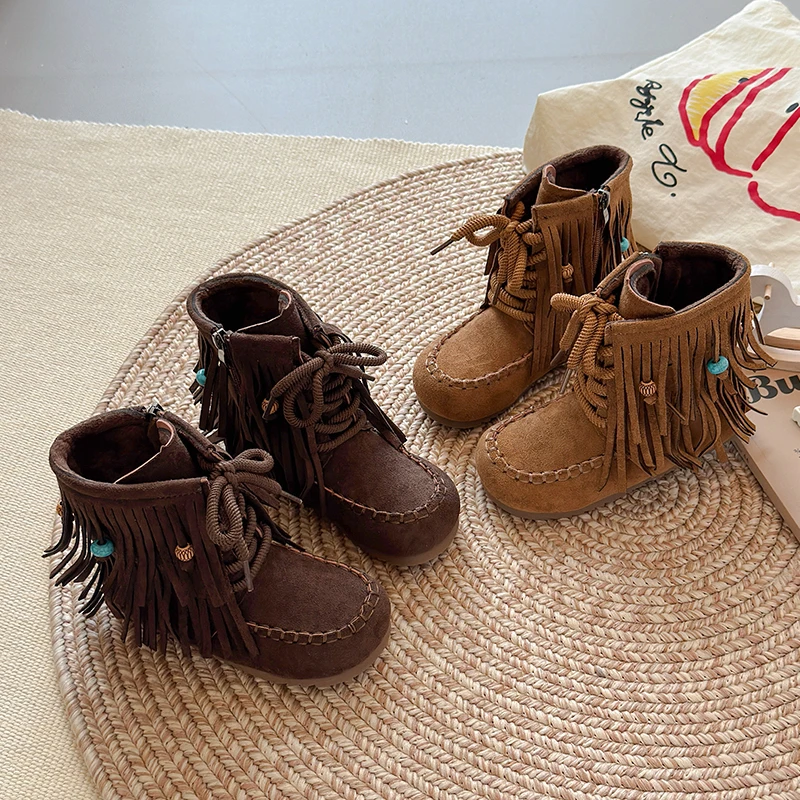 Kids Short Boots Ethnic Style Girls Princess Boots Fashion Versatile 2025 Winter New Children Fashion Casual Boots Suede Warm
