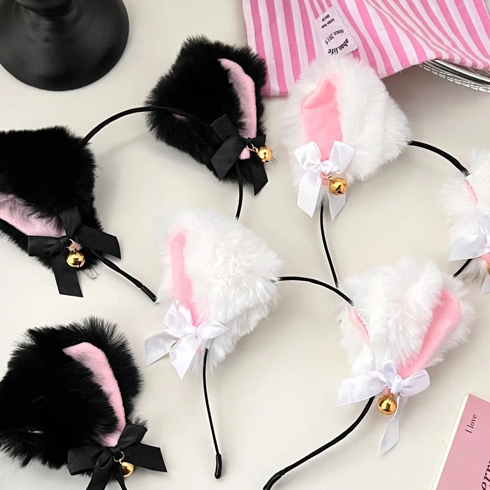 Kawaii Cat Ears Headband for Women Girls Lace Bow Necklace Plush Bell Hairband Cosplay Masquerade-Party Costume Hair Accessories