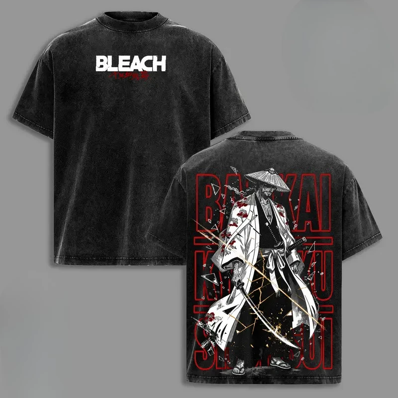 Anime BLEACH Kyoraku Shunsui Bedrucktes T-Shirt für Männer und Frauen Baumwoll-T-Shirts Vintage Washed T-Shirt Harajuku Unisex Übergroßes T-Shirt Top