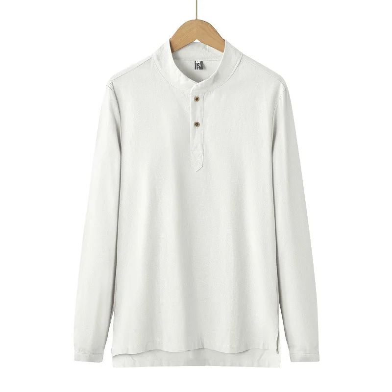 

Linen Men's Shirt New Solid Color Long-sleeved Bottoming Shirt Men T-shirt Stand Collar Spring Shirt Simple for Going Out