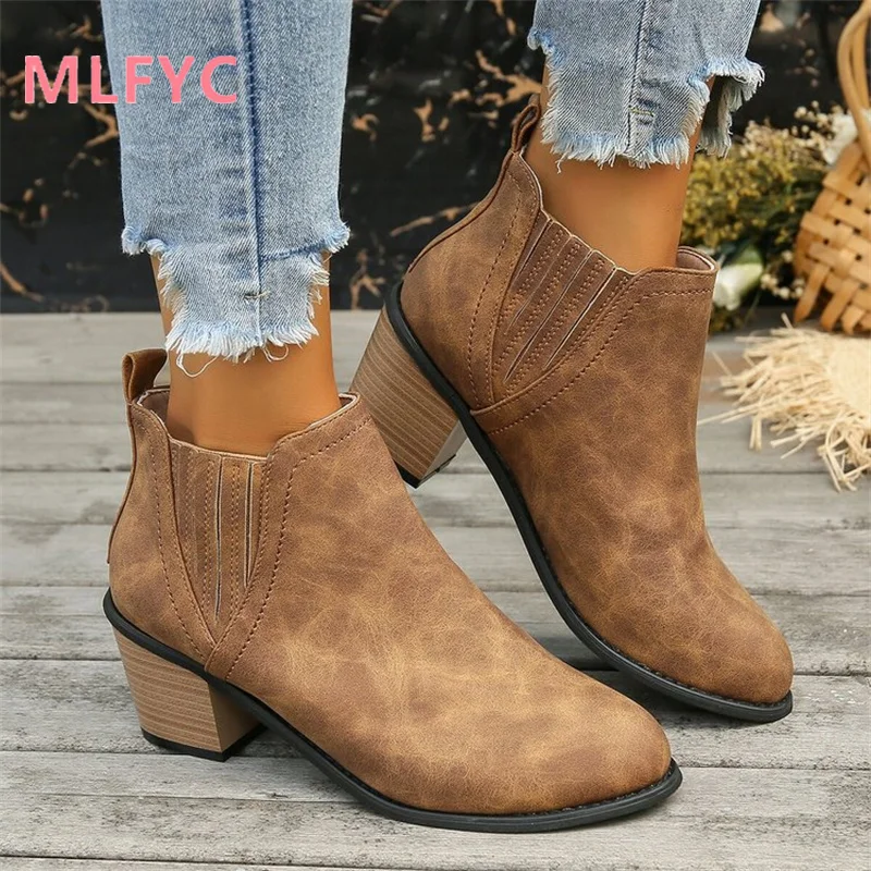 Boots Women's Autumn and Winter New European and American Vintage Round Head Boots Thick Heel Short Sleeve Women's Boots