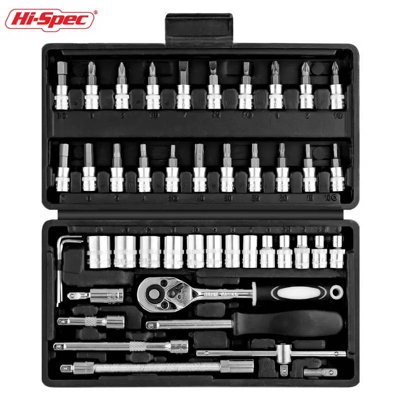 Hi-Spec 46PC Hand Tool Sets Car Repair Tool Kit Mechanical Tools Box 1/4-inch Socket Wrench Set Socket Ratchet Screwdriver Bits