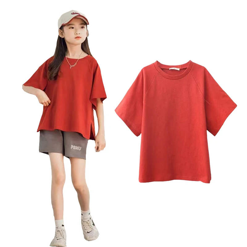 

Summer Kids Girls Clothes Set Red Casual Short Sleeve T-shirt and Shorts Suits for Teenager Children's Clothing for 4 To15years