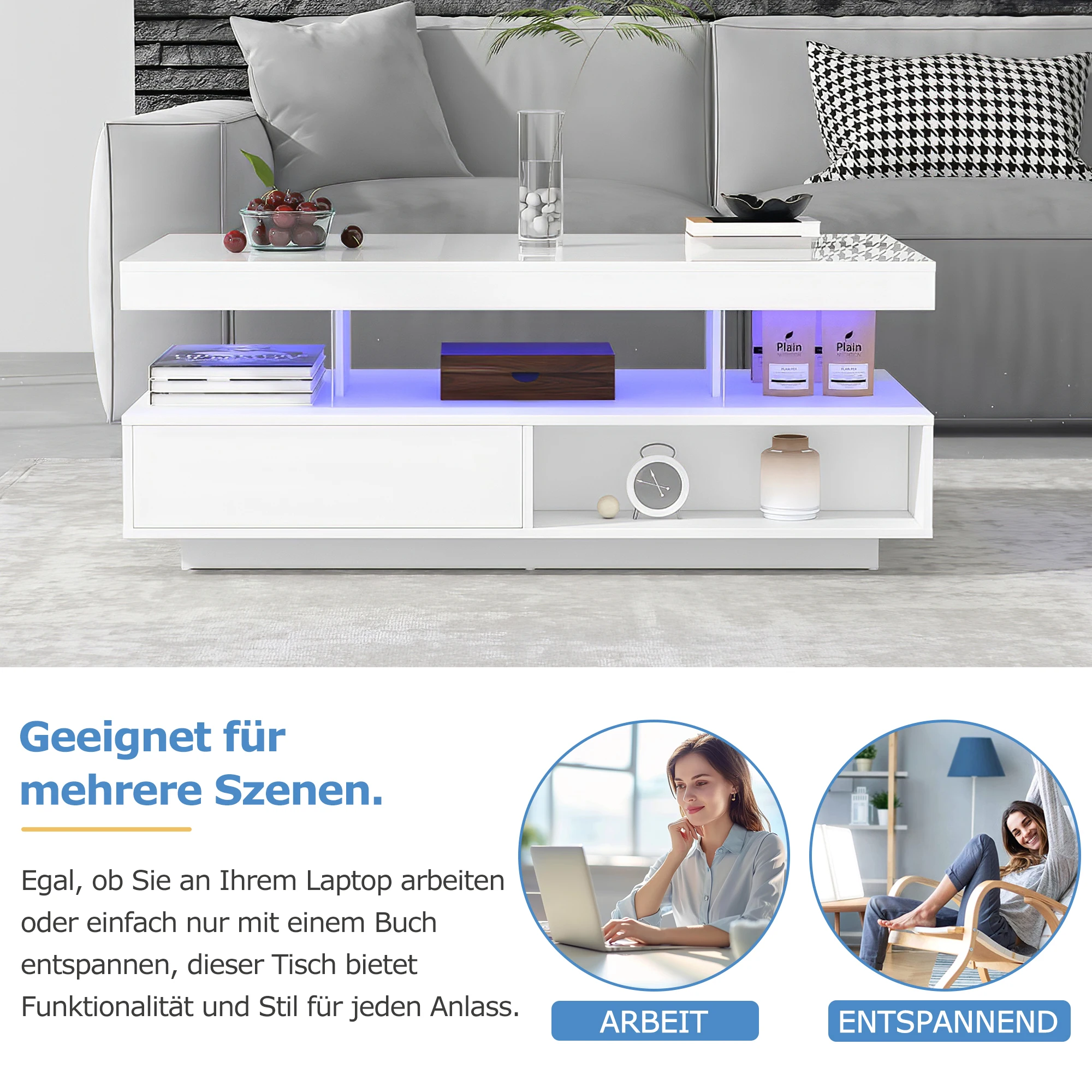 Weißer Hochglanz-Couchtisch 95 x 50 x 42,5 cm – mit 4 Glasböden, 2 Schubladen und 2 offenen Fächern, Wohnzimmerschrank – Detail 16